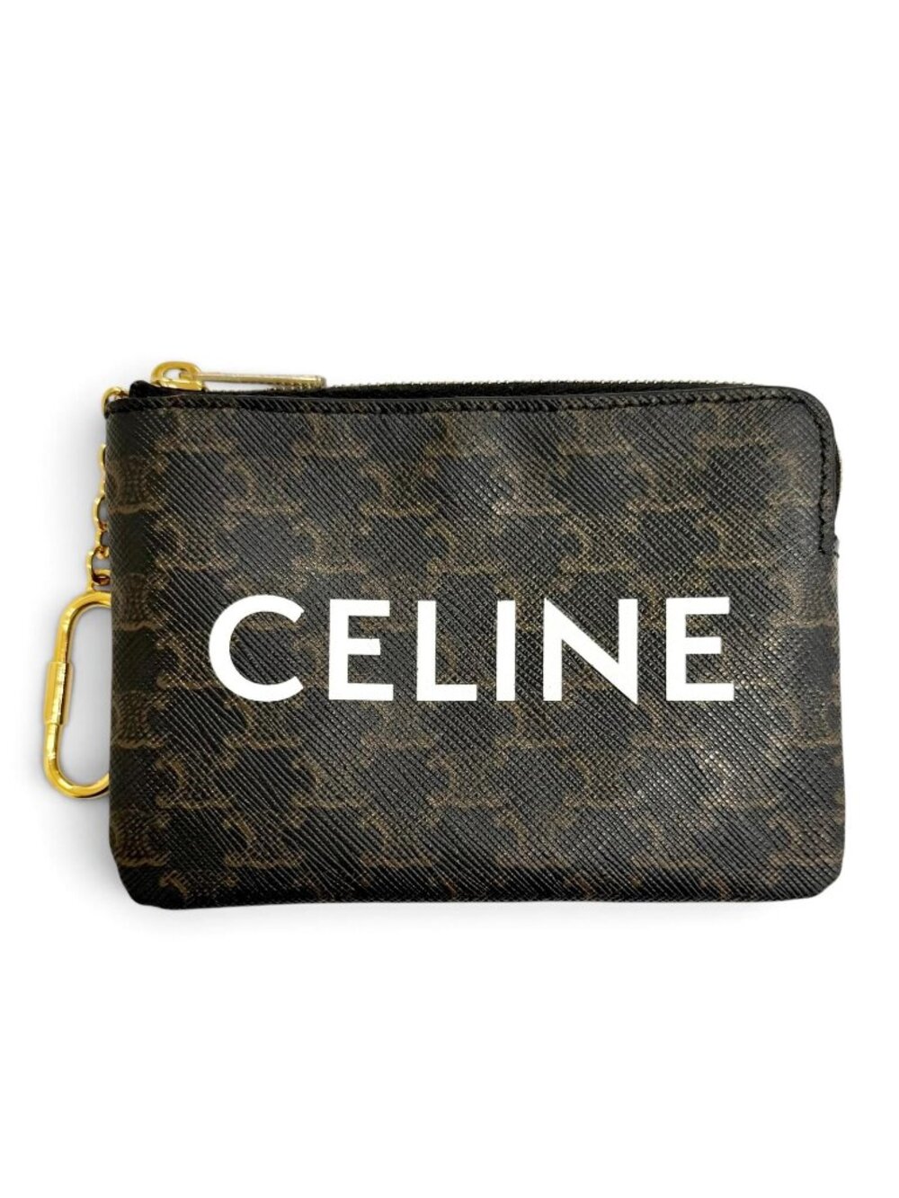 Celine Triomphe Canvas Macadam Pattern Key with Chain Zip Coin Purse Brown Gold